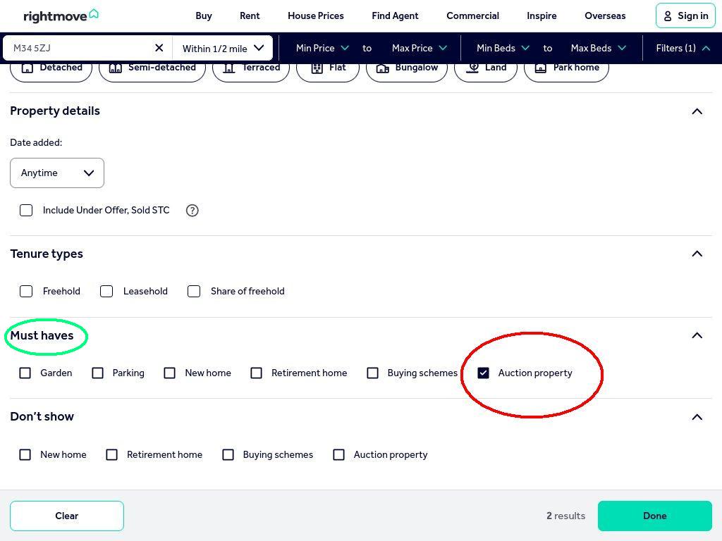 rightmove search filter